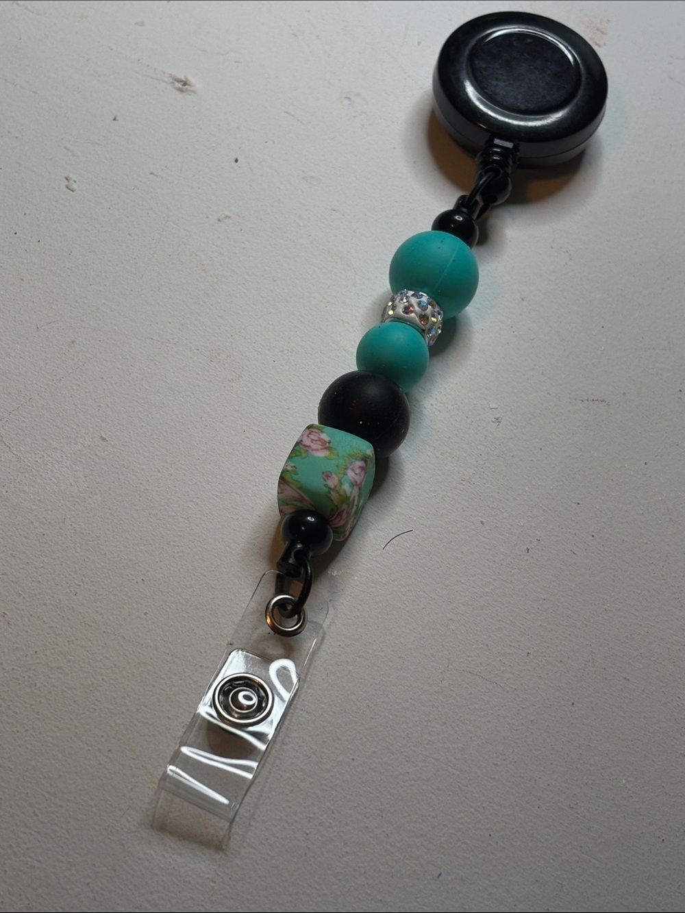 Beaded Badge Reel | Teal Floral & Rhinestone Accent | Retractable ID Holder